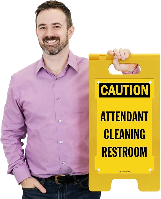 SmartSign 25 x 12 inch “Caution - Attendant Cleaning Restroom” Two-Sided Folding Floor Sign with Falling Symbol, Portable and Lightweight A-Frame, Easy Grip Handle, Plastic, Black and Yellow