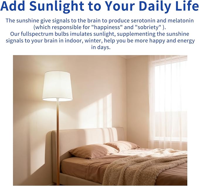 LQ BSDERA 2PK Full Spectrum Light Bulbs, 9W, 6000K Natural Light That Mimic Sunlight, Boosts Mood, Energy, Focus, A19, Sunlike Happy Light Bulbs with E26/27 Base for Most Lamps