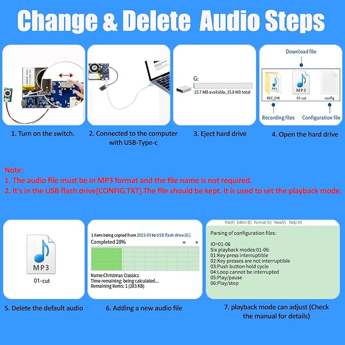 XLW Module, 16MB Push Button Activated Sound Module with Speaker, 16Min Easy Sound Recording Chip for Personalized Greetings, DIY Projects, MP3 Music for Crafts, Type-C Cable Charging (Blue-30Pack)