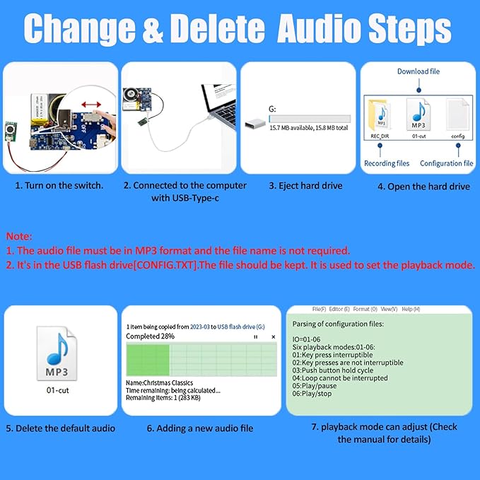 XLW Module - 16MB Push Button Activated Sound Module with Speaker, Type-C Cable, and Easy Recording Capability16 Minutes for Personalized Greetings, DIY Projects, and Holiday Crafts (Blue-1 PC)