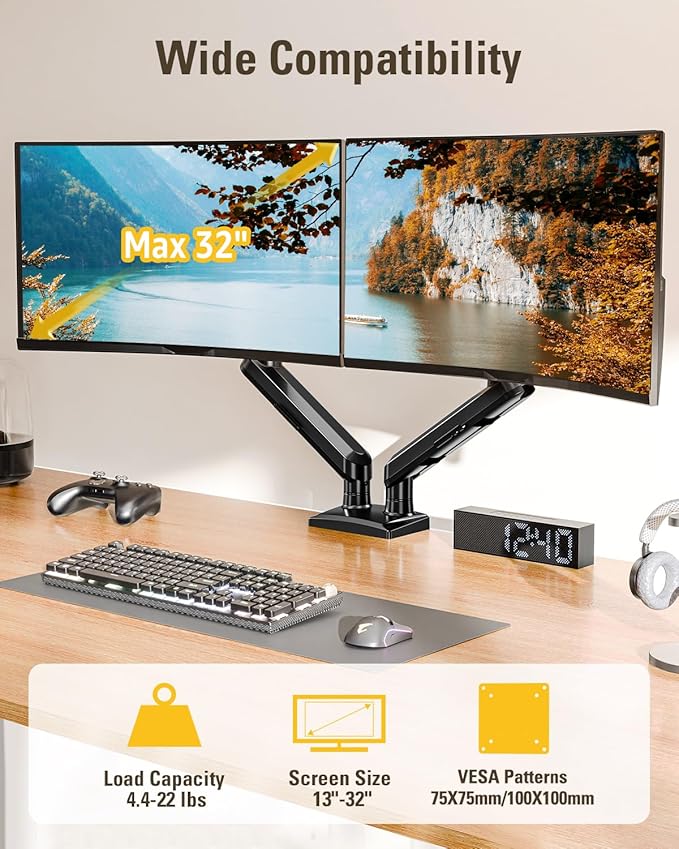 DreamAxis Dual Monitor Stand for 13-32 Inch Computer Screens, Dual Monitor Arms, Each Arm Holds 4.4-22lbs, Fully Adjustable Monitors Desk Mount with C-Clamp and Grommet Base, VESA 75x75/100x100mm