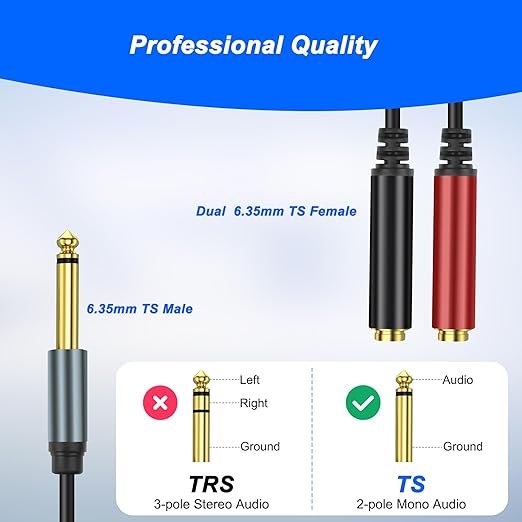 XMSJSIY 1/4" 6.35mm TS Mono Splitter 1 to 2 Audio Y Splitter Cable Adapter 6.35mm TS Male to Dual Female Mono Guitar Signal Audio Cord Gold Plaed for OFC HiFi TS Speaker Microphone Headphone-2M/6.5FT