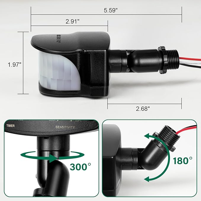 TREEWELL 240-Degree Replacement Motion Detector, Adjustable Time & Detection Sensitivity Up to 60 Feet Range, 3 Working Modes Pir Motion Sensor for Security Floodlight, Black, UL Listed