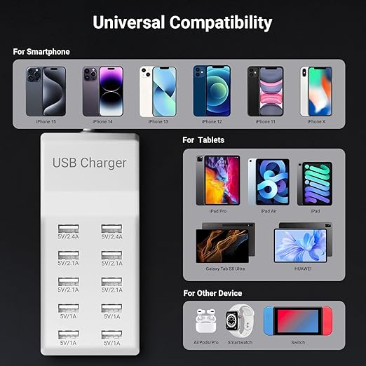 USB Charging Station 50w10A 10-Port Charger, Multiport Charger Hub, Compatible with iPhone, Galaxy, iPad Tablet, and Other Devices（White）