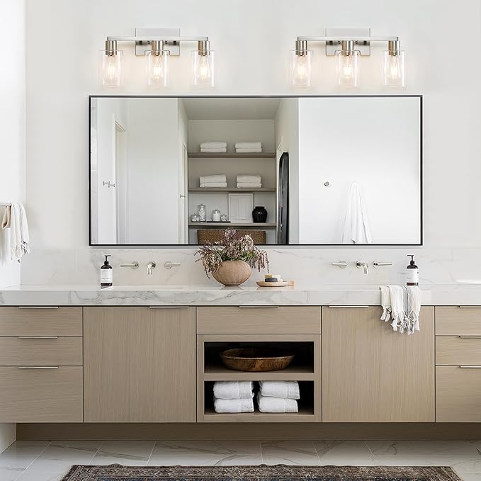 SOPEAS 3-Light Vanity Lights,Brushed Nickel Vanity Light,with Clear Glass Shade for Bathroom Light Fixtures, Bathroom Light Fixtures Over Mirror