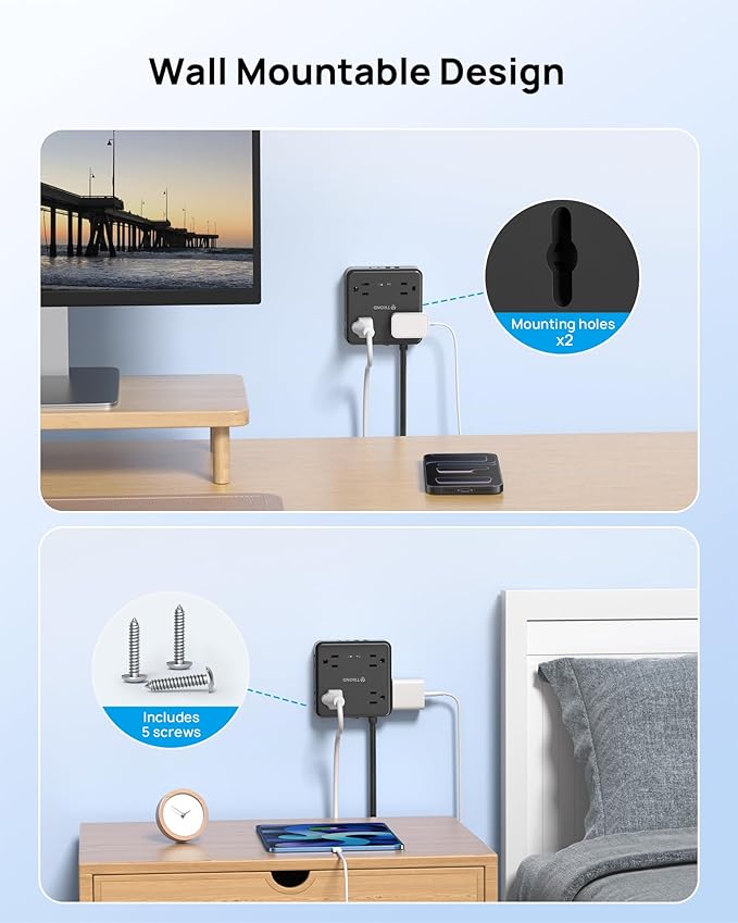 TROND 360° Rotating Flat Plug Power Strip, 10FT Flat Extension Cord with Multiple Outlets 4 USB (2 USB C), Wall Mount Surge Protector 1440 Joules for Home Office Travel Dorm Room Essentials, Black