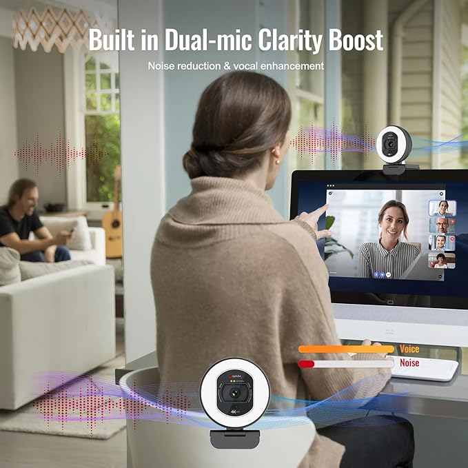 Angetube 4K Webcam with Light for PC: UHD 4K, TOF Auto Focus, Dual AI Noise-Cancelling Mics, 1080p@60FPS, USB Streaming Webcam w/Privacy Cover for Laptop/Mac/Desktop/PC Work w/Zoom/Teams/Google Meet