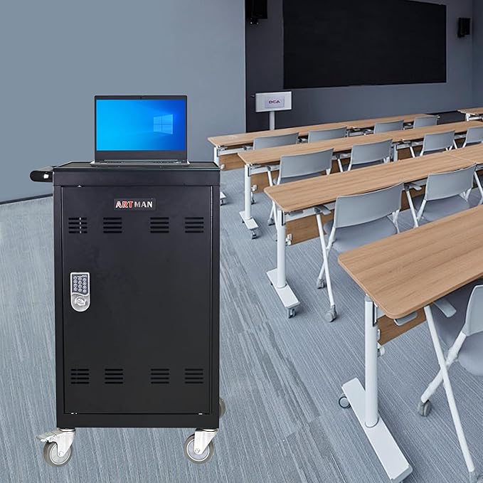 Aokleo Laptop Charging Cart,32 Devices Tablet Storage Carts for pad Up to 16.3" Screen, Classroom Computer Mobile Charging Station for Pads, Chromebooks,Laptops, Updated Password Lock(32 Bay-Black)