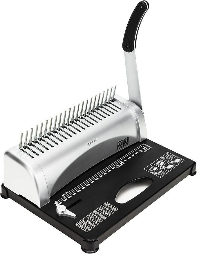 Amazon Basics Comb Binding Machine, 350 Sheets Capacity, for paper sizes A5(15 holes)/Letter(19 holes)/A4(21 holes) with Adjustable Margin, Grey