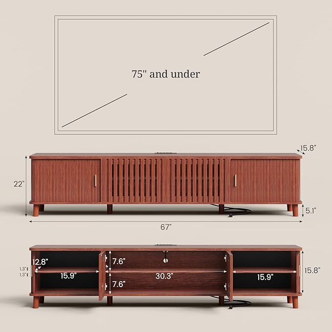 UPOSOJA TV Stand with Fluted Sliding Doors & Adjustable Shelves, Charging Station,RGB LED Lights,Media Console, 67 Inches, with Wire Management, for TVs up to 75 Inches