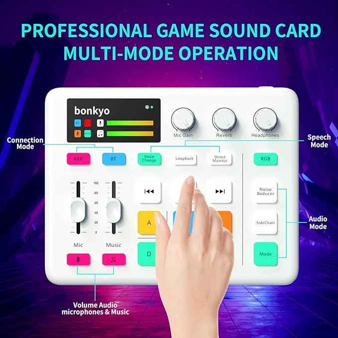 Bonkyo Gaming Audio Mixer & USB Interface with XLR Microphone, Bluetooth 5.0, RGB Effects, 48V Phantom Power, Voice Changer, G1 Sound Card for PS5, TikTok Live Streaming, Podcasting（White）