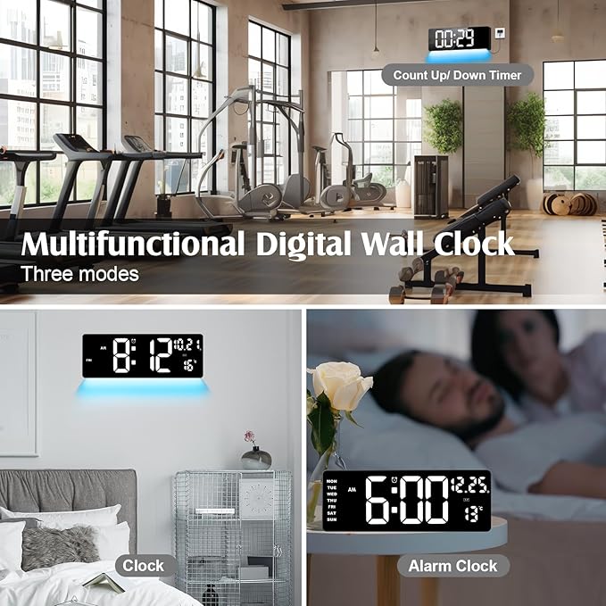 Xflyee 16.5" Digital Clock Large Display with Remote Control, 6-Color Night Light Digital Wall Clock with Dual Alarms, Temperature, Auto DST Large Clock for Living Room, Bedroom, Desk, Mounted, Gift