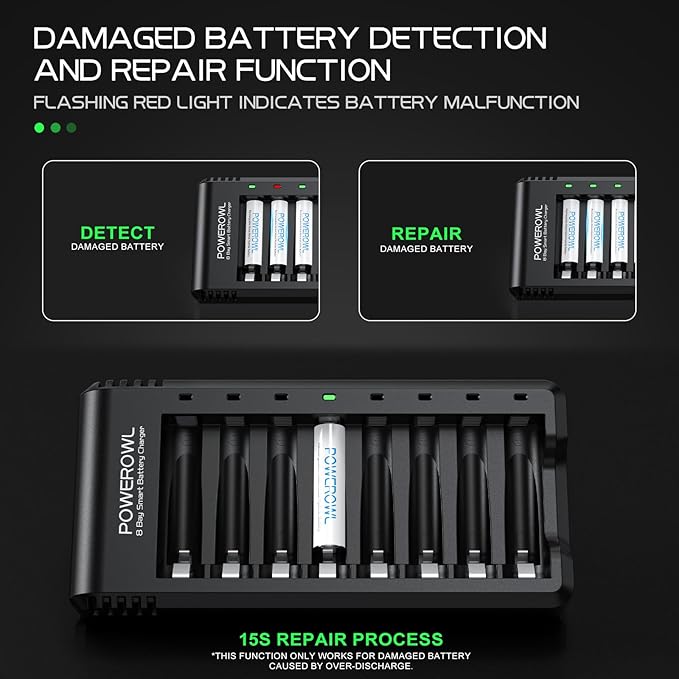 POWEROWL 8 Bay AA AAA Battery Charger 2 Pack, USB High-Speed Charging, Independent Slot, for Ni-MH Ni-CD Rechargeable Batteries