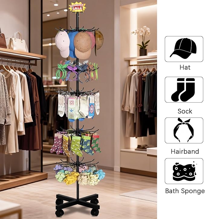 Exttlliy Retail Display Stand Store Display Rack 6 Tier Metal Spinning Display Stand Rack with Wheels Keychain Jewelry Stocking Hat Stand with Hooks for Malls, Showroom, Retail Store (6 Tier Black)