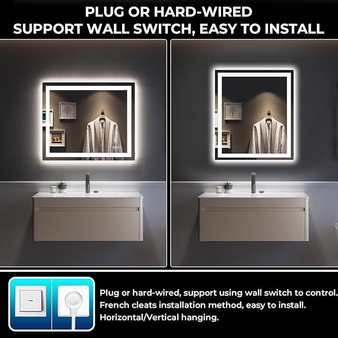 YEELAIT 36x30 Inch LED Bathroom Mirror with Lights Front and Backlit Lighted Vanity Mirror for Bathroom Wall with 3 Colors Dimmable Anti-Fog Memory Shatter-Proof IP54 Waterproof Horizontal/Vertical