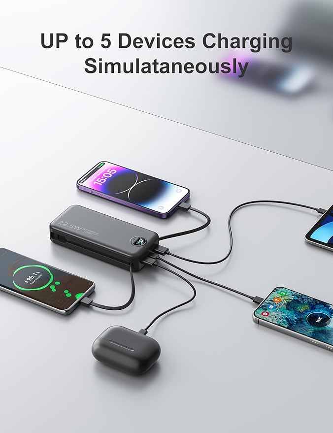 aonidi 20000mAh Ultra-Portable-Charger-Power-Bank PD20W with Built in Cables&AC Wall Plug,Fast Charging Cell Phone Charger Battery Pack,LED Display Travel Battery Bank for All iPhone,Samsung,Android