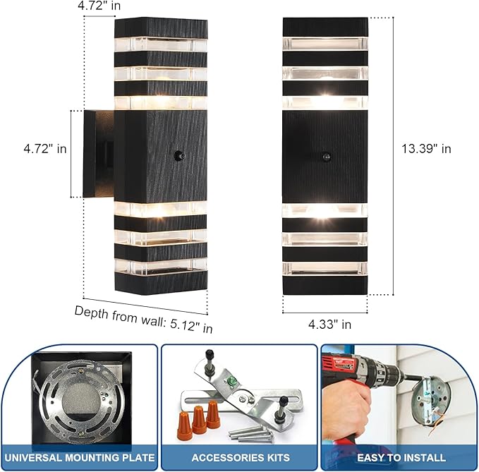 Delicavy 2PK Dusk to Dawn Sensor Outdoor Wall Lights Up Down Porch Lights Modern Exterior Light Fixtures Photocell Waterproof Black Aluminum Housing for Front Porch, Patio, Garage (Use Two E26 Bulbs)