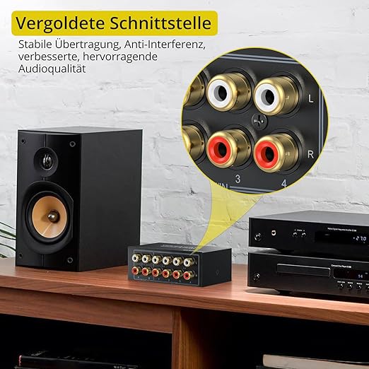 PROZOR 4-Way Stereo L/R Sound Channel Bi-Directional Audio Switcher, 2 in 4 Out or 4 in 2 Out Audio Switch Splitter with Off Button and No External Power Required for DVD Stereo Speaker CD Player