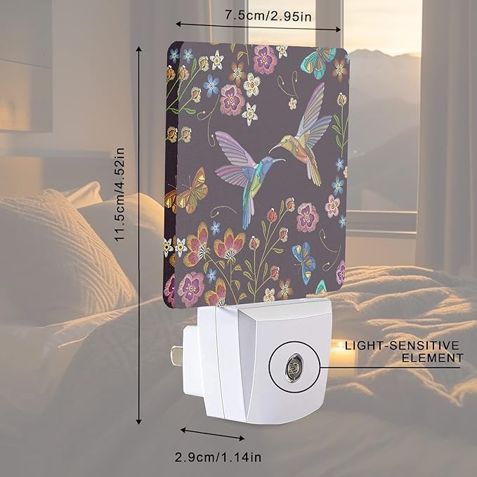 Smoaffly Vintage Hummingbird Butterfly Flowers Night Light Plug-in LED Nightlights Auto Sensor Night Lamp Dusk-to-Dawn Lamp Home Decor for Nursery Children Girls Boys