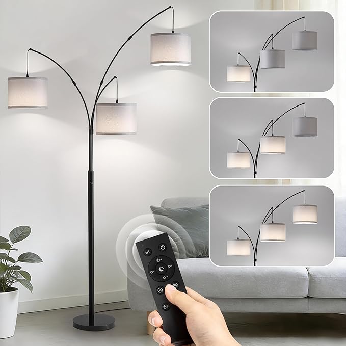 Fansdrick Floor lamp with Remote, 3 Light Arc Floor Lamps for Living Room, 2400LM Tall Standing Floor Lamps with Gray Shades, 80" Large Floor Lamp for Bedroom, Office