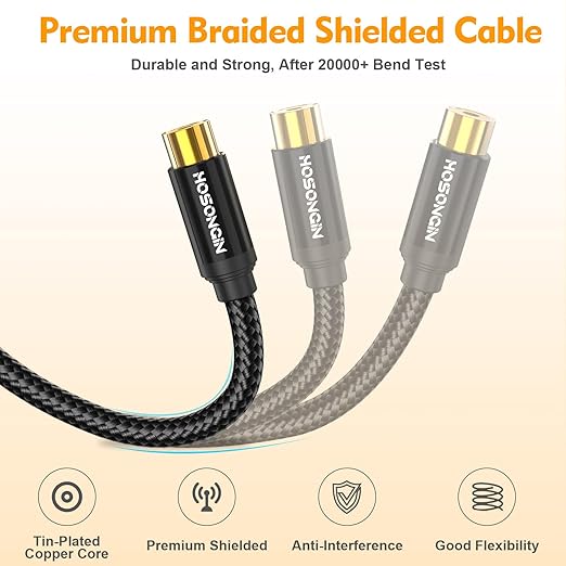 HOSONGIN RCA Splitter 1 Female to 2 Female Audio Cable (2 Pack), 24K Gold-Plated Plug, Cotton Braided Jacket, Dual Shielded Y Splitter Adapter for Amplifiers, TV, Home Theater, Hi-Fi Systems -12 inch