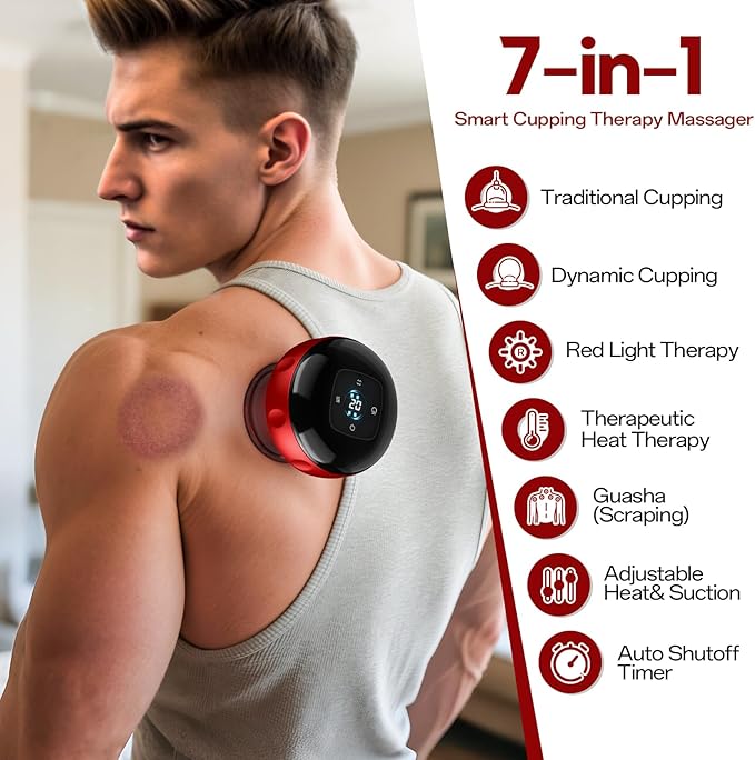 Cakoutanb Smart Cupping Therapy Massager, 7 in 1 Red Light Cupping Therapy Set with 2 Modes for Targeted Pain Relief, Muscle Soreness,Tighter Skin, Cupping Kit with 12 Levels Suction and Heat,1 Pack