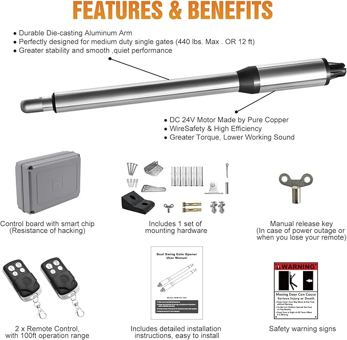 JUJIANG C01 Automatic Gate Opener with Remote Complete Kit for Single Swing Gate Up to 440lb 16FT, Electric Gate Opener Medium Duty Single Swing Gate Opener Automatic Gate Motor 40W AC Powered