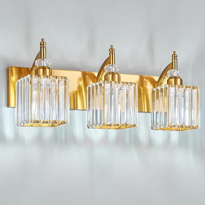 BBLLWJ Modern Bathroom Vanity Light 3-Light Gold Crystal Light Fixtures Over Mirror for Bathroom Wall Sconce