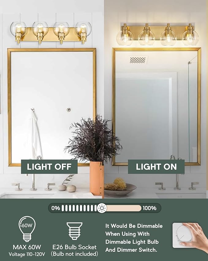 METWET Bathroom Light Fixtures, 4 Light Brushed Gold Vanity Light, 26 Inch Modern Wall Sconces with Globe Clear Glass Shade, Vanity Lighting Fixtures Over Mirror, VL195-BG-CL-4