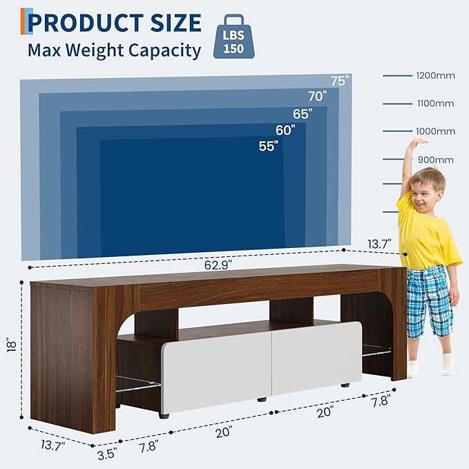 IDEALHOUSE LED TV Stand for 55 to 75 Inch TV, Walnut Entertainment Center with Storage Drawer & Glass Shelves, Modern TV Console Table with Color Changing Lights for Living Room Bedroom