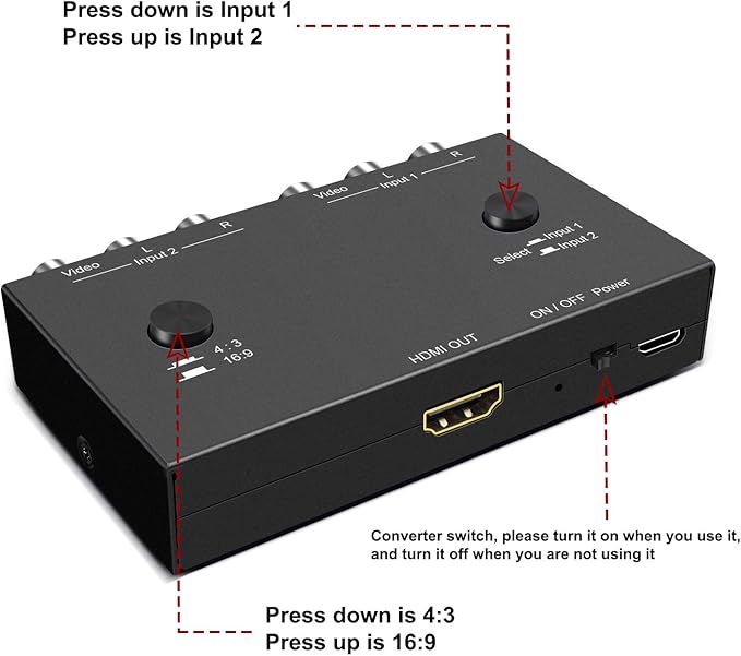 Dingsun 2 Port AV to HDMI Converter, RCA to HDMI Adapter Support 16:9/4:3 Compatible with WII, N64, PS2, VHS, VCR DVD Players etc