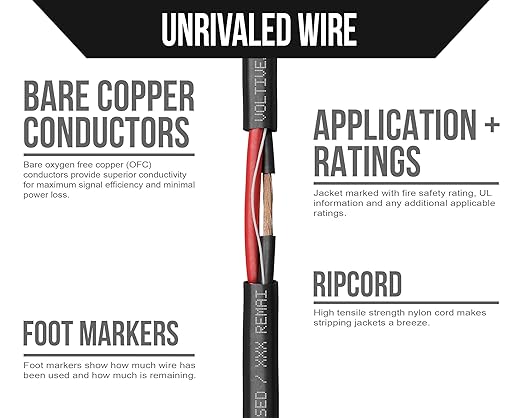 Voltive 10/2 Speaker Wire, Plenum CL3P, Black, 250ft - 10AWG, 2 Conductors, Stranded Oxygen-Free Copper, UL Listed - V-1240-1