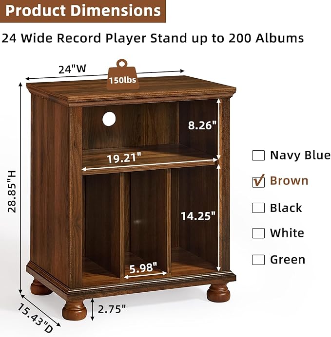 Joaxswe Record Player Stand with Vinyl Record Storage, 24" Wide Mid-Century Record Player Table Up to 200 Albums,Large Wood Turntable Stand Cabinet Dispaly Shelf for Living Room,Bedroom,Brown