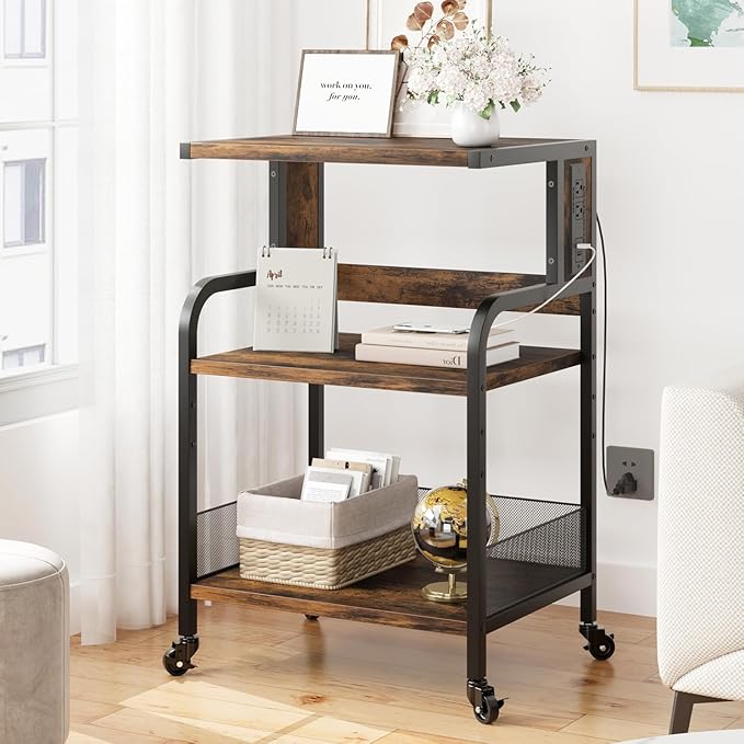 Garvee 3-Tier Large Printer Stand with Power Outlets & USB Port, Industrial Rolling Printer Cart with Heavy Duty Metal Frame & Adjustable Shelf & Storage & Lockable Wheels for Home Office, Retro Brown