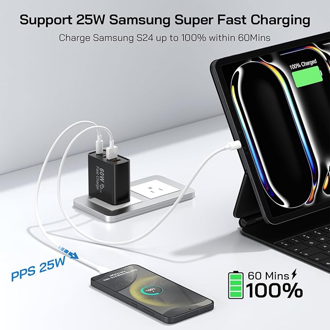 2Pack USB C Fast Charger Block, Total 60W 5-Port USB C Wall Charger 30W Type C Charging Block, 2USB C+3USB A PD 3.0 Multiport Charging Cube for iPhone 17 16 15 14 Pro Max, G-alaxy S25 S24 Ultra, i Pad