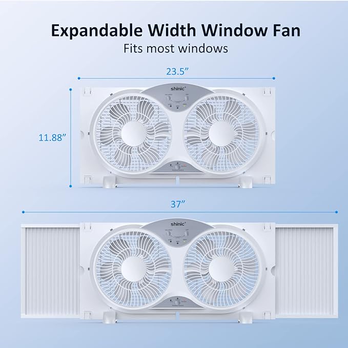 shinic 9" Twin Window Fan with Reversible Airflow, Removable Cover and Bug Screen, Remote Control, 3 Functions-3 Speeds, Width Adjustable (23.5" to 37"), Bathroom Kitchen Window Fan ETL Certified