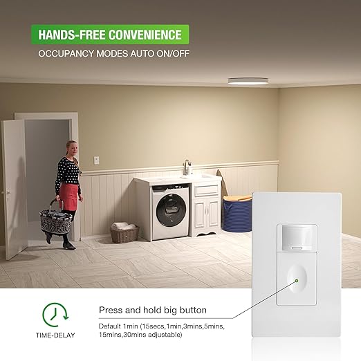 RAYZEEK Motion Sensor Light Switch, 5A, Single Pole, Ground Wire Required, OCC & VAC & Manual Selectable, PIR Infrared Motion Activated Wall Switch, UL Listed, Wall Plate Included, PC Fireproof