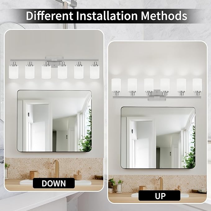 DIKAIDA 38" Bathroom Vanity Light, 6-Light Nickel Vanity Lights for Bathroom, Wall Sconce Lighting with Milky White Glass Shade, Wall Lights,Bath Vintage Wall Mounted Lamps for Mirror Bedroom
