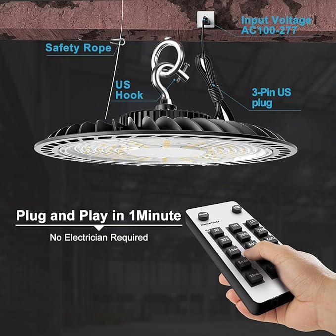 Lightdot Smart 250W LED High Bay Shop Light 37500lm Commercial Bay Lighting with Motion Sensor High Bay LED Light Plug and Play with Control- 4Pack 6Yrs Warranty