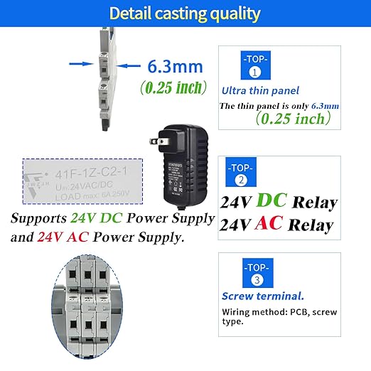 2Pcs Miniature Power Relay DC 24V HF41F/24-ZS 5 Pin 1NO 1NC 6A SPDT with LED Indicator with Socket Base 41F-1Z-C5 with DIN Rail UL Certification