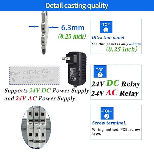 2Pcs Miniature Power Relay DC 24V HF41F/24-ZS 5 Pin 1NO 1NC 6A SPDT with LED Indicator with Socket Base 41F-1Z-C5 with DIN Rail UL Certification