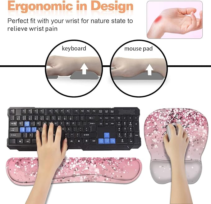 Ergonomic Mouse Pad Wrist Support and Keyboard Wrist Rest Set with Coasters, Non-Slip PU Base, Easy Typing & Pain Relief, Perfect for Home Office Working Studying, Bible Verses Proverbs 31:25