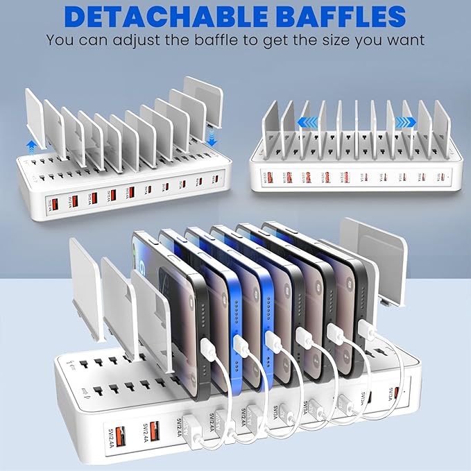 RISWOJOR Charging Station for Multiple Devices, 100W 10 Ports Charging Dock with 10 Cables Smart IC Tech and Adjustable Dividers Type-C，Multi USB Charger for iPhone Galaxy iPad Tablet，White