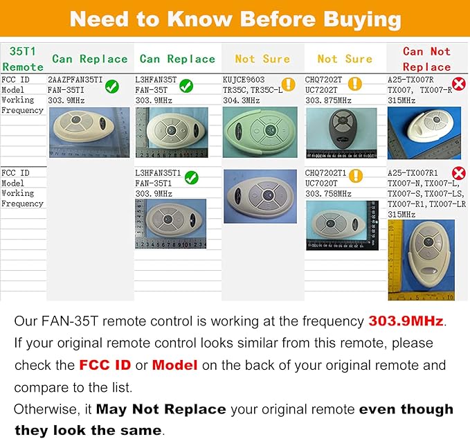 FAN35T Ceiling Fan Remote Control Replacement for Allen+Roth, Kichler, 3-Speed, Light Dimmer, Learn Key, 303.9MHz,with Wall Holder,Easy to Program