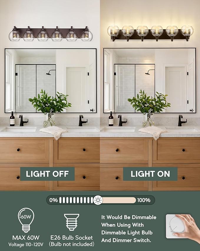 METWET Oil Rubbed Bronze Bathroom Light Fixtures, 6-Light Bathroom Vanity Lights Over Mirror with Globe Clear Glass Shade, 38 Inch Modern Sconces Wall Lighting, VL195-ORB-6