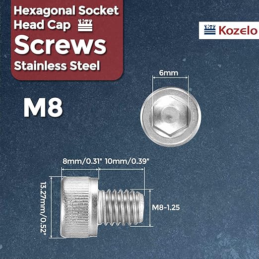 Kozelo 50pcs Socket Head Cap Screws - [M8-1.25 x 10mm] 304 Stainless Steel Allen Socket Drive for Electrical Motor 3D Printing Fan Engine Replacement Use, Silver