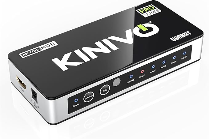 Kinivo HDMI Switch with Audio Extractor 560BNT (5 in 1 Out Hub, Toslink Optical Audio Port, SPDIF, 4K 60Hz Switcher, 18Gbps, IR Remote) - Compatible with Gaming Console, Cable TV, PC, Dolby Digital