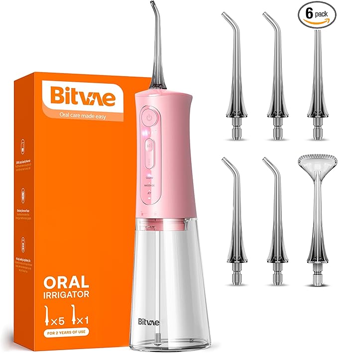 Bitvae Water Dental Flosser Teeth Picks, Cordless Portable Oral Irrigator, Powerful and Rechargeable Oral Irrigator, Brace Care, IPX7 Waterproof Water Dental Picks for Cleaning, Quartz Pink