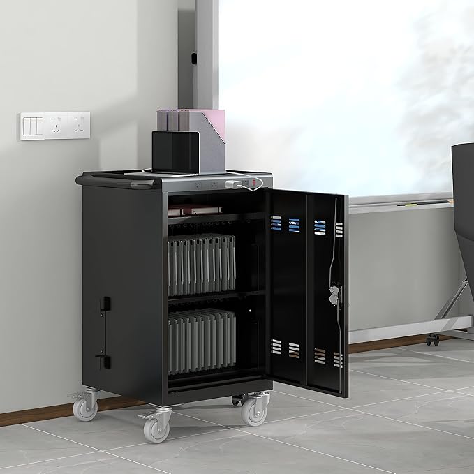 TIOPLY 36 Device Charging Cart for Laptop Up to 16.3-inch Screen, Mobile Charging Station and Tablet Storage Cart for iPad, Chromebooks with Cord Organizer, Black.