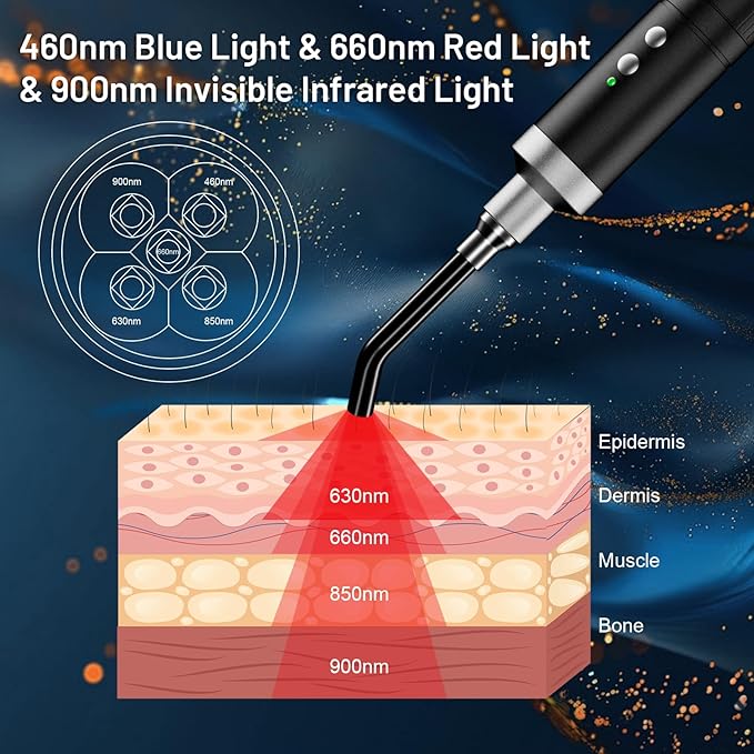 HomeCare 5-in-1 Red Light Therapy Wand, Portable Handheld Red Light Therapy Device for Body & Face Care, 5 Wavelengths & 10Hz Pulse, 4 Light Modes for Home Wellness, Rechargeable with Memory Function